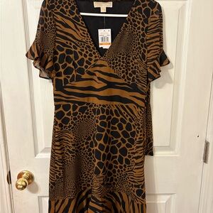 Michael Kors Black and Brown Animal-Print Midi Dress